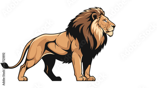 Powerful adult male lion stands confidently with a thick brown mane and muscular build shown in profile against white.
