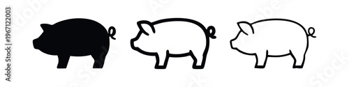 Set of Piggy Bank Symbols in Solid, Bold Outline, and Fine Line Art Styles for Financial Concepts