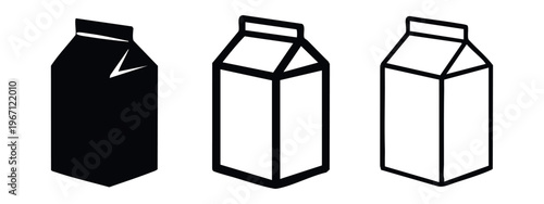 Milk Carton Icons Set - Dairy Beverage Packaging in Solid, Outlined, and Line Art Styles