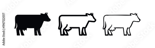 Cow icon set. Dairy animal symbol in solid, outline, and line art styles. Farm animal vector illustration.