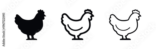 Chicken icon set. Hen or rooster symbol in solid, outline, and line art styles. Farm bird vector illustration.