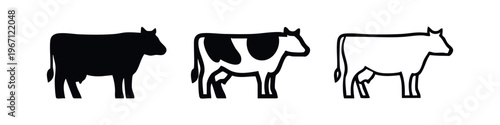 Spotted cow icon set. Dairy cattle symbol in solid, outlined, and line art styles. Farm animal vector illustration.