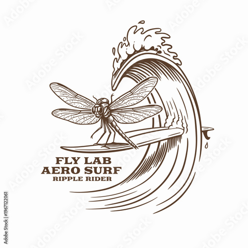 Dragonfly on surfboard riding wave.