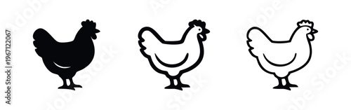 Chicken hen icon set. Farm bird symbol in solid, outline, and line art styles. Poultry vector illustration.
