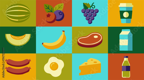 Flat design food and drink icons grid. Colorful minimalist culinary graphics.
