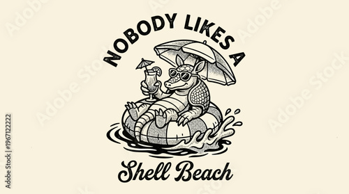 Cartoon turtle on inflatable raft.