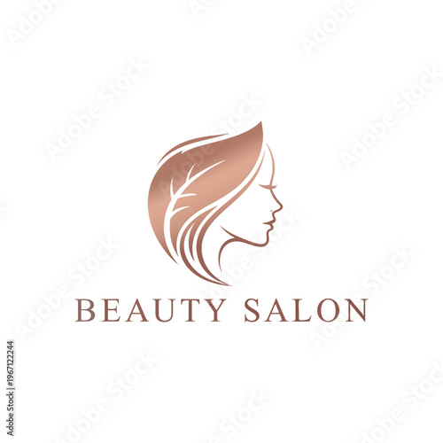 Elegant Beauty Salon Logo with Womans Profile and Leaf Hair.