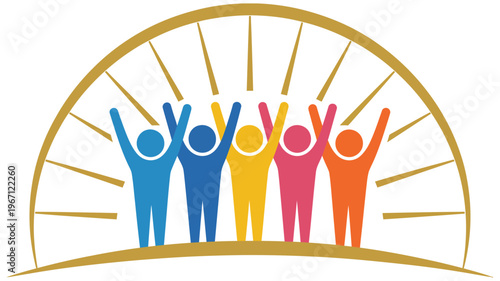 Colorful community people logo with sunburst for diversity, unity, and teamwork, creative vector emblem highlighting inclusion, cooperation, and collective effort, suitable for NGO branding, community