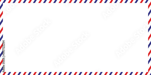 Airmail Envelope frame images with strips. International vintage letter border. Retro air mail postcard with blue and red stripes.  Empty classic postal frame. Vector illustration