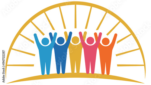 Colorful community people logo with sunburst for diversity, unity, and teamwork, vibrant vector illustration featuring stylized human figures, ideal for nonprofits, social projects, educational 