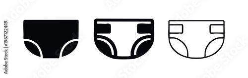 Baby diaper icon set, showing various styles of infant and toddler absorbent underwear in different visual weights.