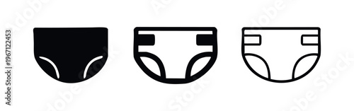 Baby diaper icon set with side tabs, illustrating various styles of infant and toddler absorbent underwear in black and outline.
