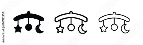 Baby mobile icon set with stars, circles, and moons, designed for crib decoration and infant soothing, multiple styles.