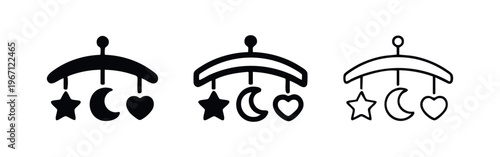Baby mobile icon set with stars, moons, and hearts, for crib decoration and infant entertainment, in solid and outline styles.