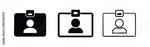 ID card icon set with user profile placeholder, representing identification badges and access passes in black and outline.