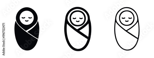 Swaddled baby icon set, depicting a peacefully sleeping newborn wrapped in a blanket, in solid and outline versions.