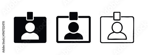 Identification badge icon set with user profile, symbolizing corporate identity and access control, various styles.