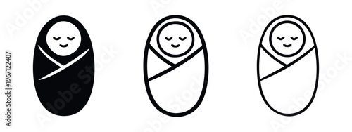 Newborn baby swaddling icon set, representing a peaceful infant sleeping in a secure wrap, in multiple visual weights.