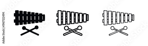 Xylophone Percussion Instrument Icons with Mallets. Musical Xylophone Symbols Set. Marimba and Mallets Vector Illustrations.