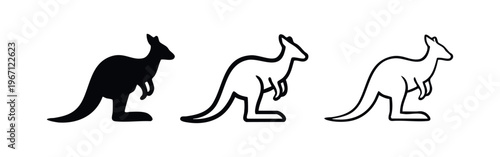 Standing kangaroo icon set in solid, outline, and line art styles, representing Australian wildlife