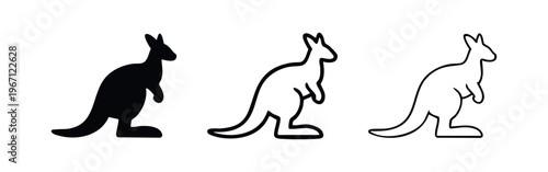 Kangaroo profile icon set in solid, outline, and line art styles, representing Australian wildlife