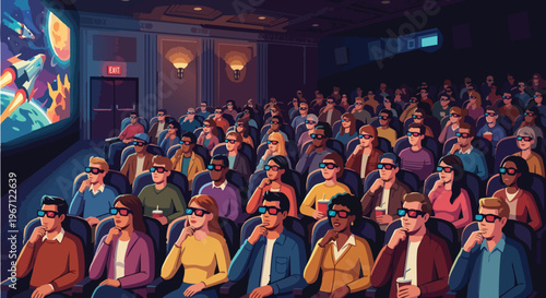 Diverse audience in a movie theater wearing 3D glasses and watching a science fiction space adventure film. A large crowd of people sitting in rows of seats in a dark cinema hall, focused on a screen 