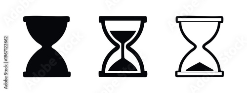 Hourglass icon set. Sand timer symbols in silhouette, solid, and outline styles for time concepts.