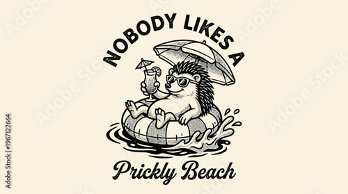 Hedgehog on inflatable raft relaxing.