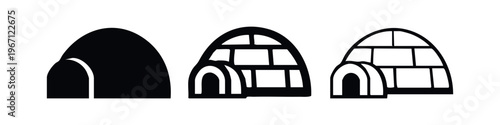 Igloo icon set. Eskimo ice house symbols in silhouette, solid, and outline styles for winter themes.