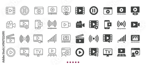 Video player icons collection. Multi series icons. Line and glyph solid web icons collection