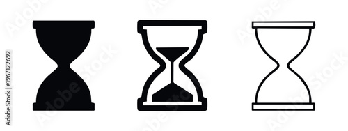 Hourglass icon set. Time and measurement symbols in silhouette, solid, and outline styles on white background.