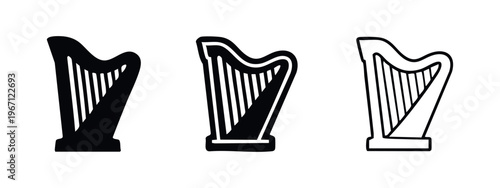 Harp icon set. Musical instrument symbols in silhouette, solid, and outline styles on white background.