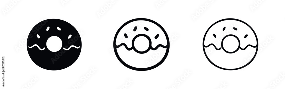 Fototapeta premium Donut icons set. Sweet pastry, bakery, dessert, and breakfast food collection in various styles.