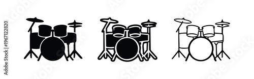 Drum kit icons set. Music instrument, rock band, jazz drums, and percussion collection in various styles.