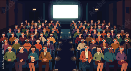 Vector illustration of a crowded movie theater audience wearing 3D glasses and watching a film on a large glowing screen. The interior of the cinema hall is dark, featuring rows of spectators sitting 