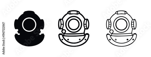 Old diving helmet icons set. Deep sea exploration, vintage equipment, and underwater adventure collection.