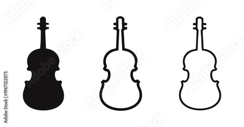 Violin Icons Set. Musical String Instrument Symbols in Solid, Thick, and Thin Outline Styles. Classic Music Graphic Elements.