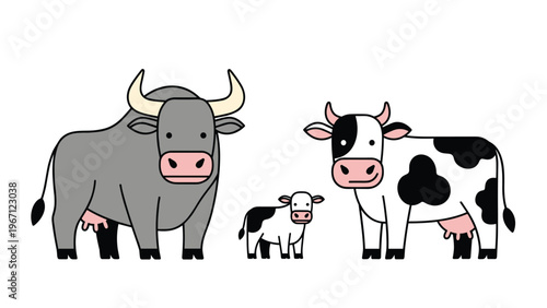 Family of cows including a bull, a dairy cow with spots, and a small calf standing together in a simple cartoon illustration style.