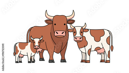 Family group of cattle including a large brown bull, a spotted cow, and a small calf standing together in a neat horizontal arrangement.