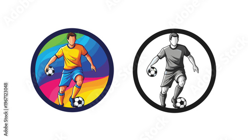 Dynamic illustration of a soccer player dribbling a ball within a circular frame presented in both vibrant colors and grayscale versions.
