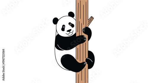 Cute giant panda character climbing up a vertical tree trunk against a clean white background in a simple cartoon illustration style.