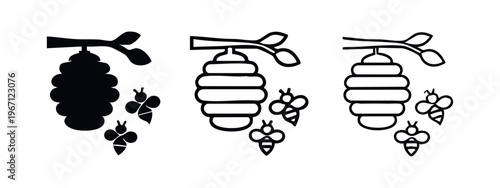 Hanging Beehive with Bees Icon Set, Nature Honey Bee Colony Vector Symbol, Insect and Apiculture Illustration