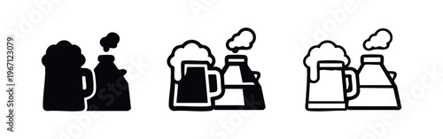 Industrial Factory Buildings with Smoke Icon Set, Brewery Plant Building Vector Symbol, Manufacturing Facility