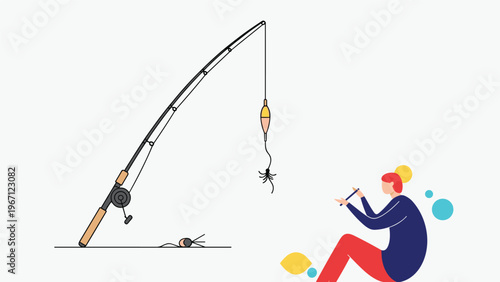 Minimalist illustration featuring a professional fishing rod with a lure and a person sitting nearby engaged in the activity of angling.