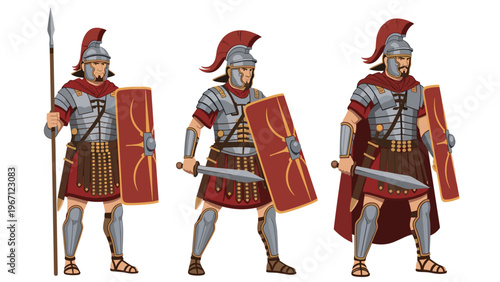 Set of three Roman centurion soldiers wearing traditional armor and helmets while holding shields, spears, and swords in various poses.