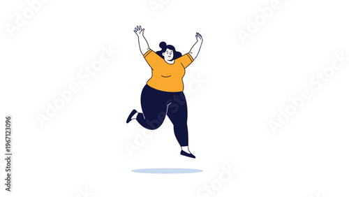 Happy plus-size woman in an orange shirt and dark leggings jumping in the air with her arms raised in a celebration of joy and life.