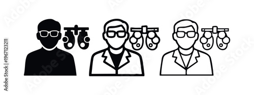 Optometrist or Ophthalmologist Icon Set. Eye Doctor with Phoropter Symbol.
