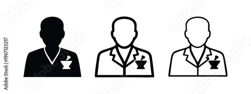 Pharmacist or Scientist Icon Set. Chemist, Drugstore, or Laboratory Professional Symbol.