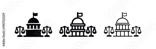 Courthouse with scales of justice icon set, legal system and law symbols for government authority.