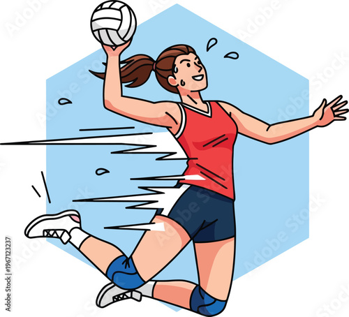 Dynamic female volleyball player spiking, energetic athletic woman in action, competitive sports illustration, powerful jump serve vector for fitness and team sports